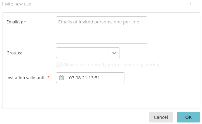 Pop-up to enter the necessary information for user invitations