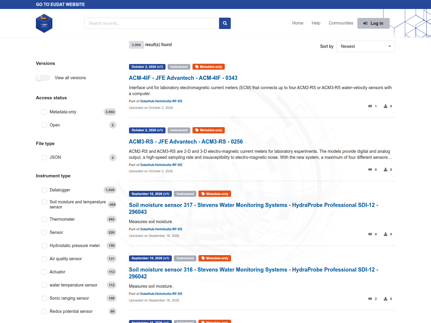 B2INST search results with instrument filters and the version selector