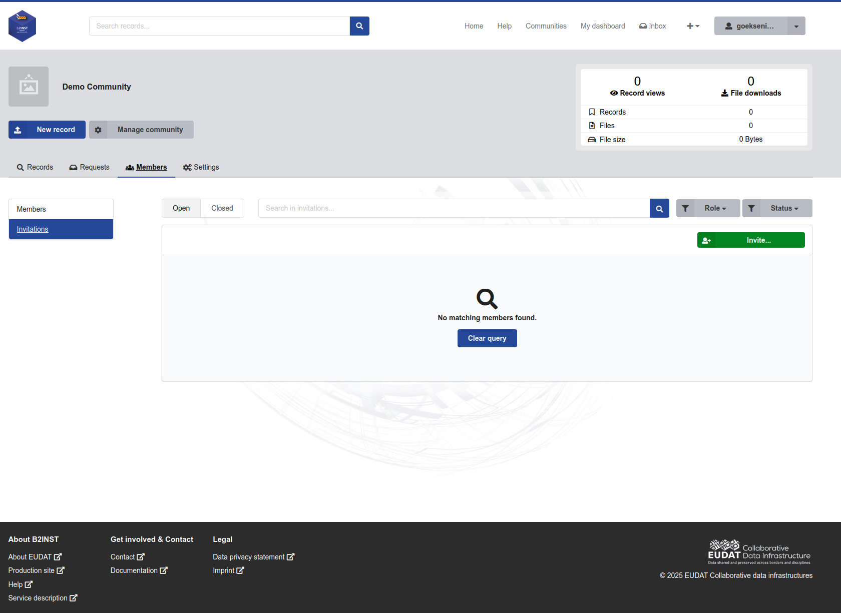 Empty B2INST community Invitations list