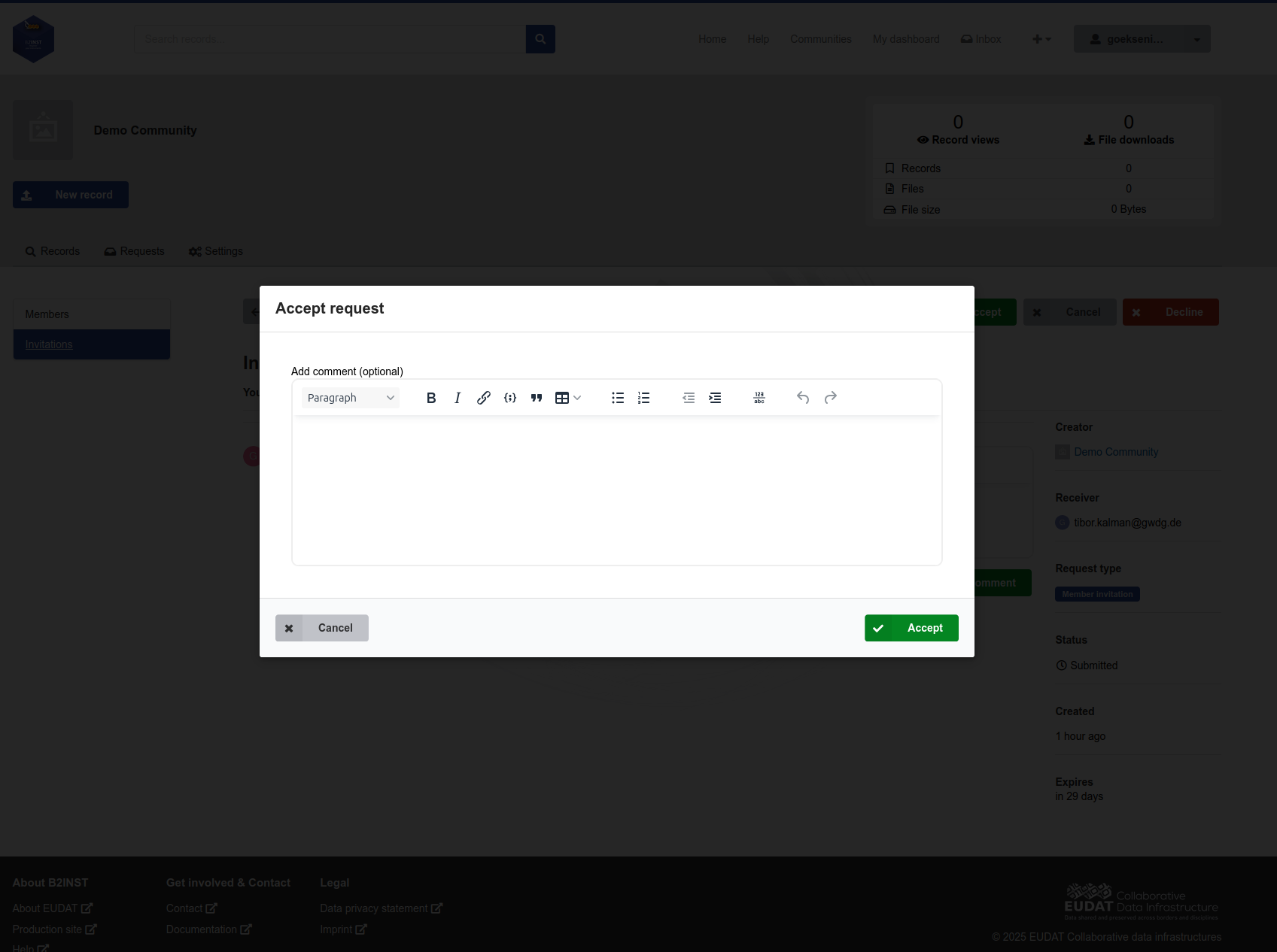 Confirming acceptance of a B2INST community invitation