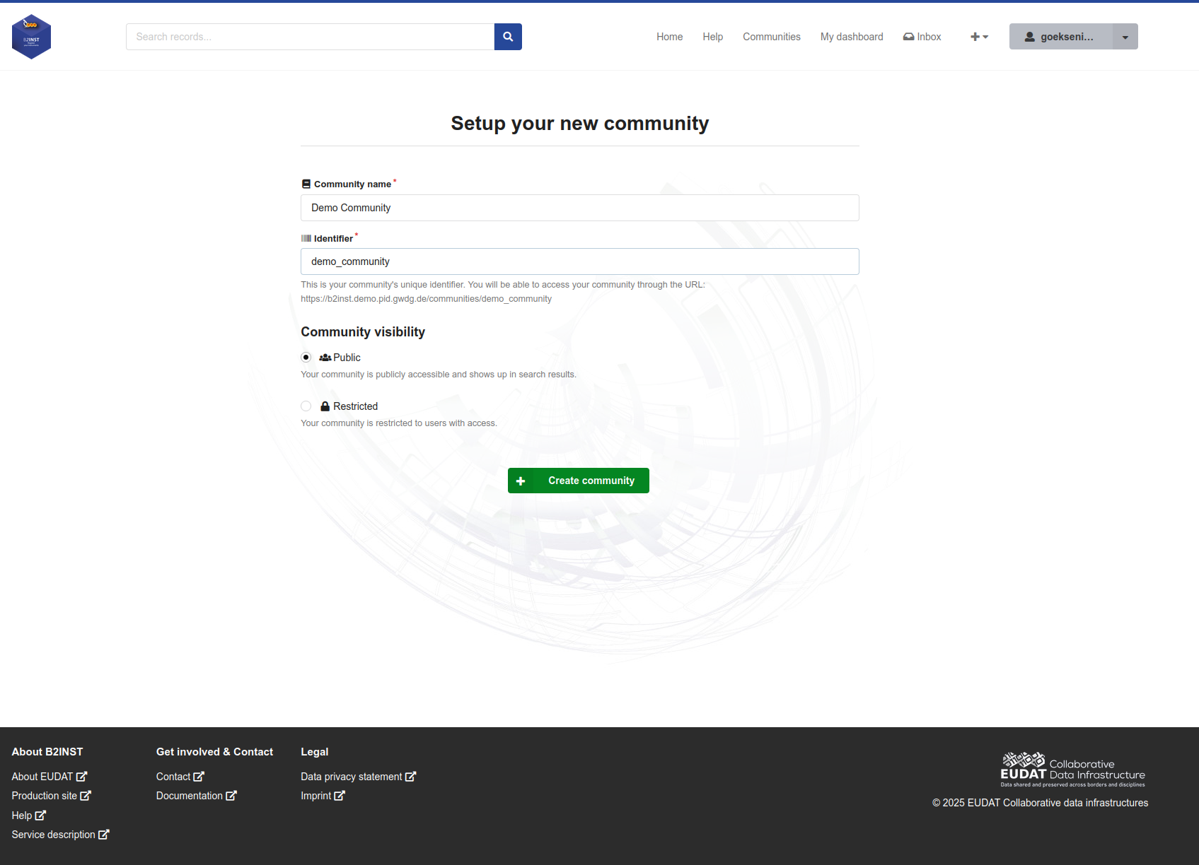 B2INST community creation form with name, identifier and visibility