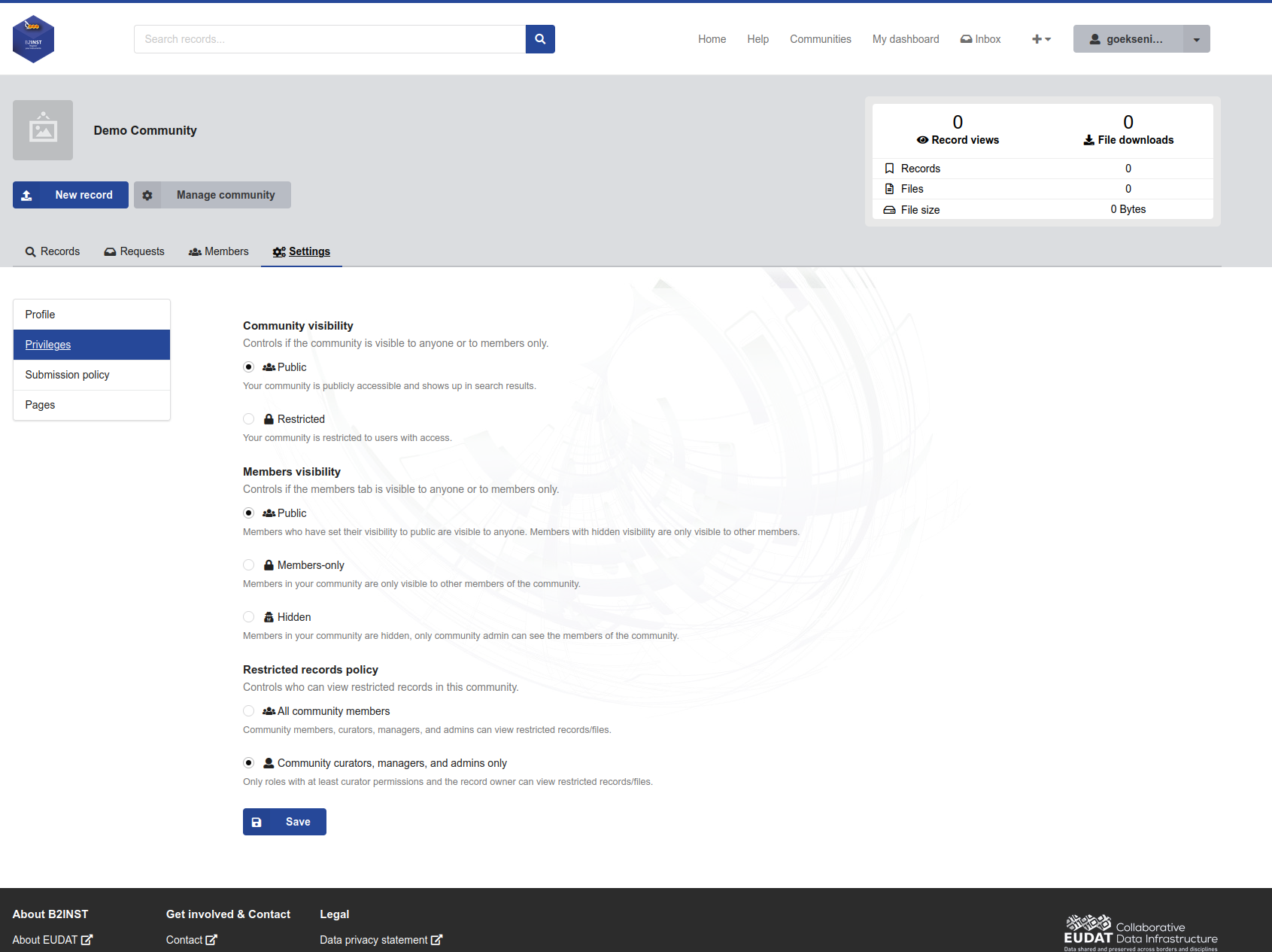 B2INST community privileges settings