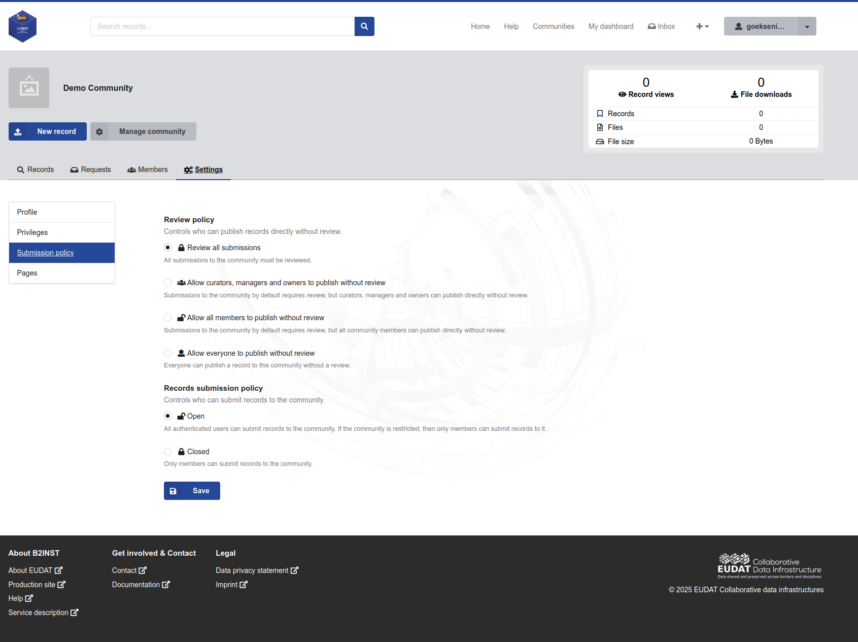 B2INST community submission policy settings