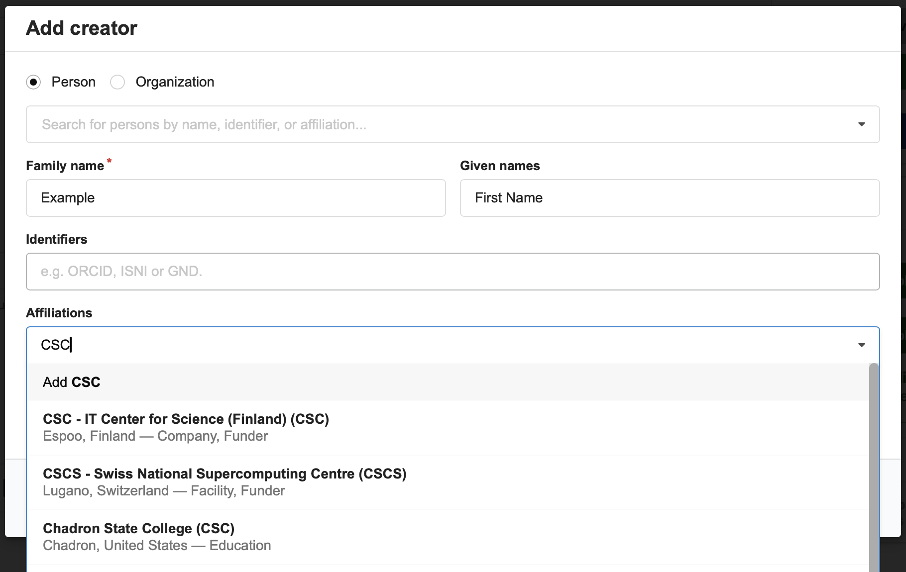 Select an affiliation