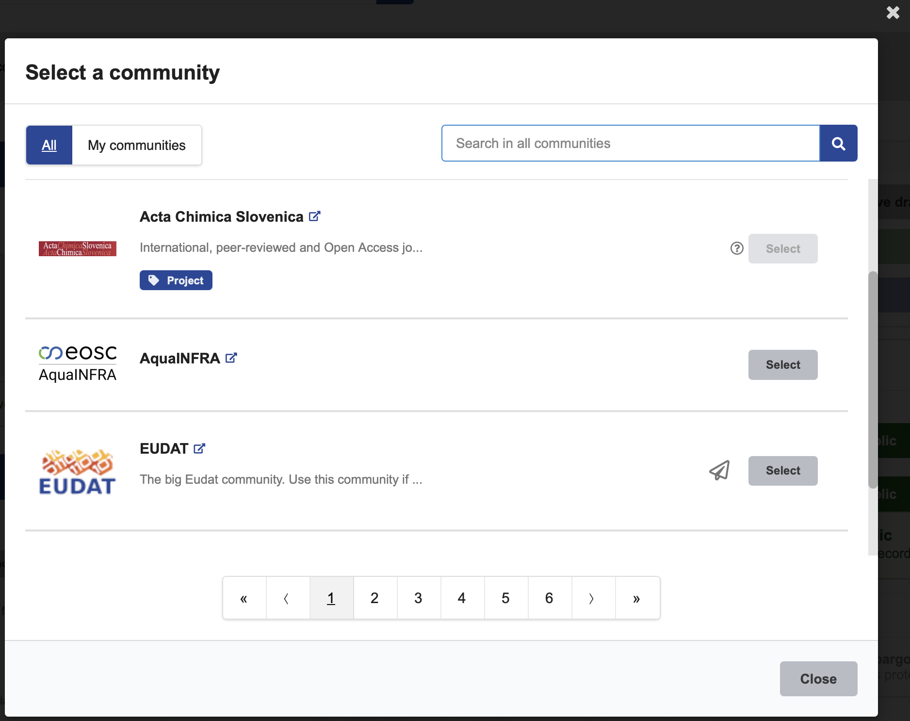 select a community modal
